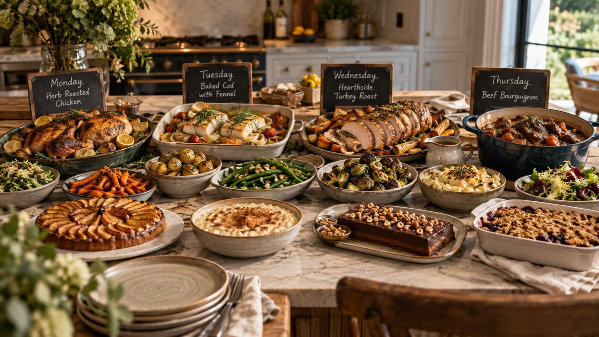 Four complete Family Chef dinners laid out together for a week of family meals.
