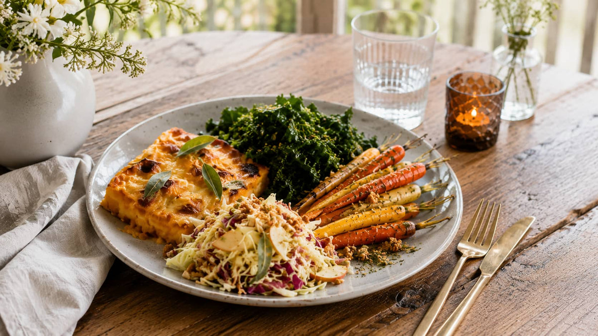 Family Chef Autumn Gold Gratin with kale, roasted carrots and apple-mustard slaw.