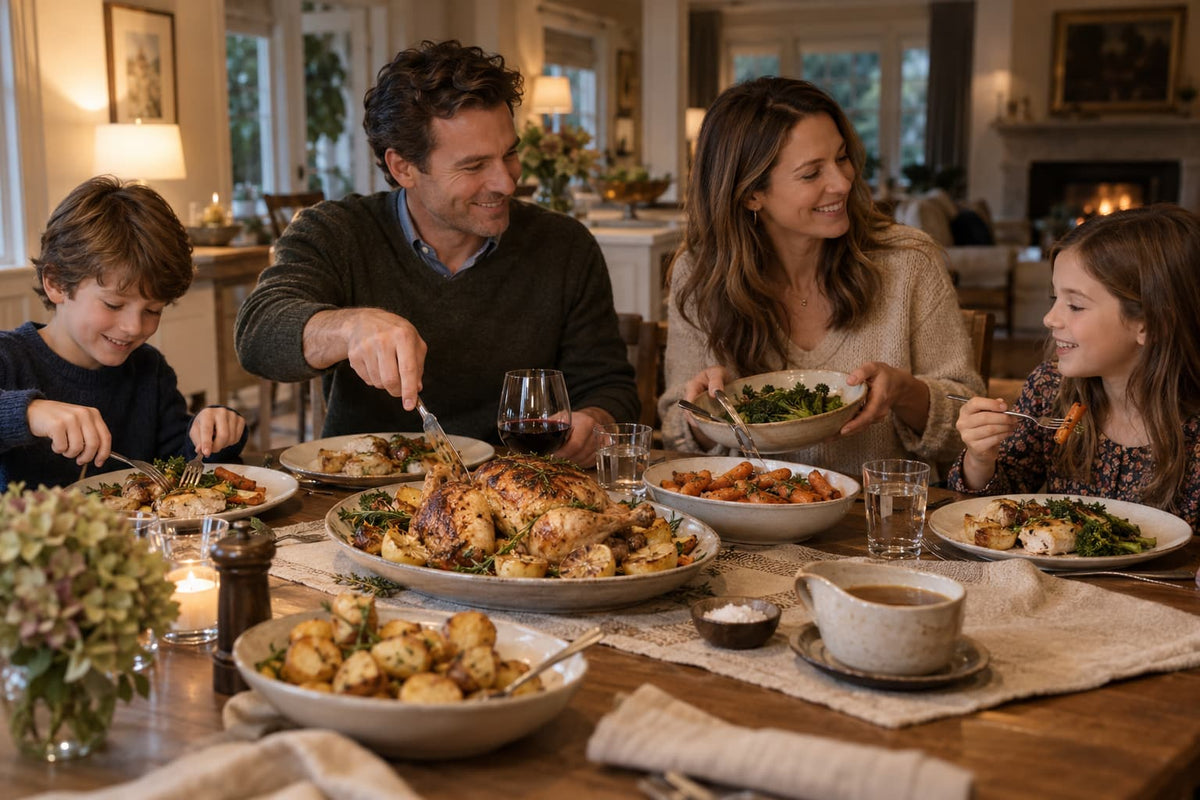 Family Chef Balanced Plate Doctrine – family sharing roast chicken, potatoes and seasonal vegetables around the dinner table.