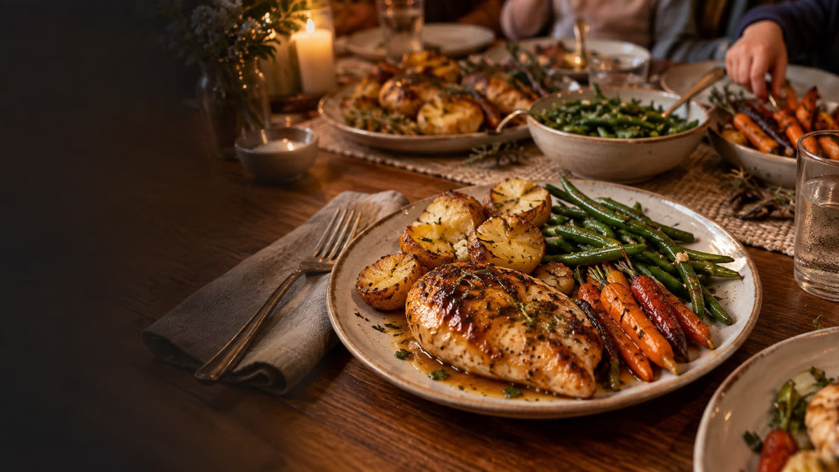 Complete Family Chef dinner with roast chicken, golden potatoes, green beans and roasted carrots, ready for the family table.