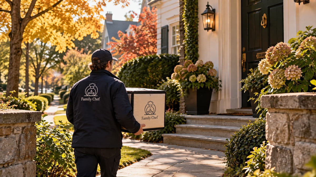 Family Chef delivery arriving at a local family home in Westchester during autumn  