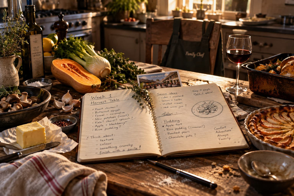Family Chef recipe notebook surrounded by seasonal ingredients, roast dinner and apple tart in a warm kitchen.