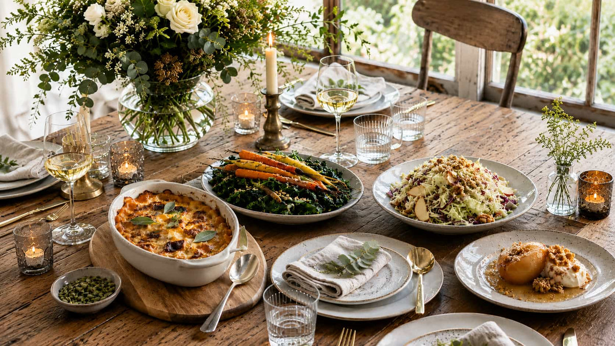 Family Chef Monday table with Autumn Gold Gratin, kale, roasted carrots, apple-mustard slaw and Orchard Honey.