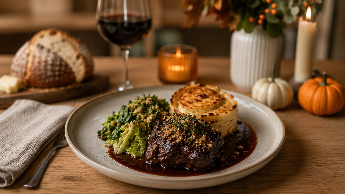 Family Chef Harvest Beef with potato gratin, greens and rich pan gravy.