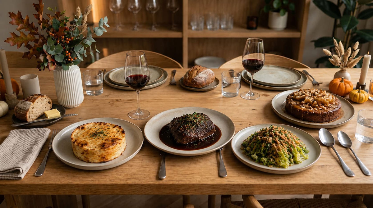Family Chef Thursday table with Harvest Beef, potato gratin, greens and Fireside Apple Cake.
