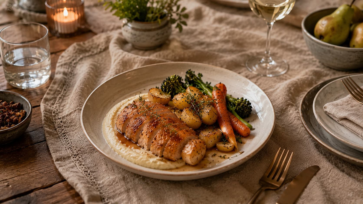 Family Chef Woodland Chicken with celeriac cream, herb roast potatoes, roasted broccolini, roasted carrots and pan jus.
