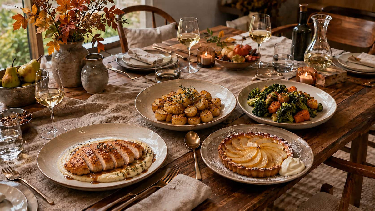 Family Chef Tuesday table with Woodland Chicken, celeriac cream, herb roast potatoes, roasted vegetables and Orchard Pear Tart.