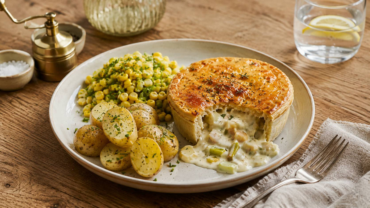 Family Chef Creamy Chicken & Leek Pie with herb potatoes, sweetcorn and peas.