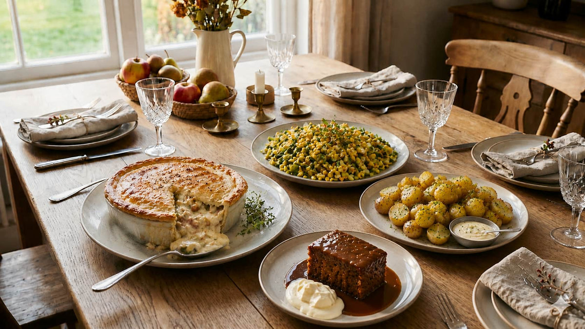 Family Chef Wednesday table with Creamy Chicken & Leek Pie, herb potatoes, sweetcorn and peas, and Sticky Toffee Pudding.