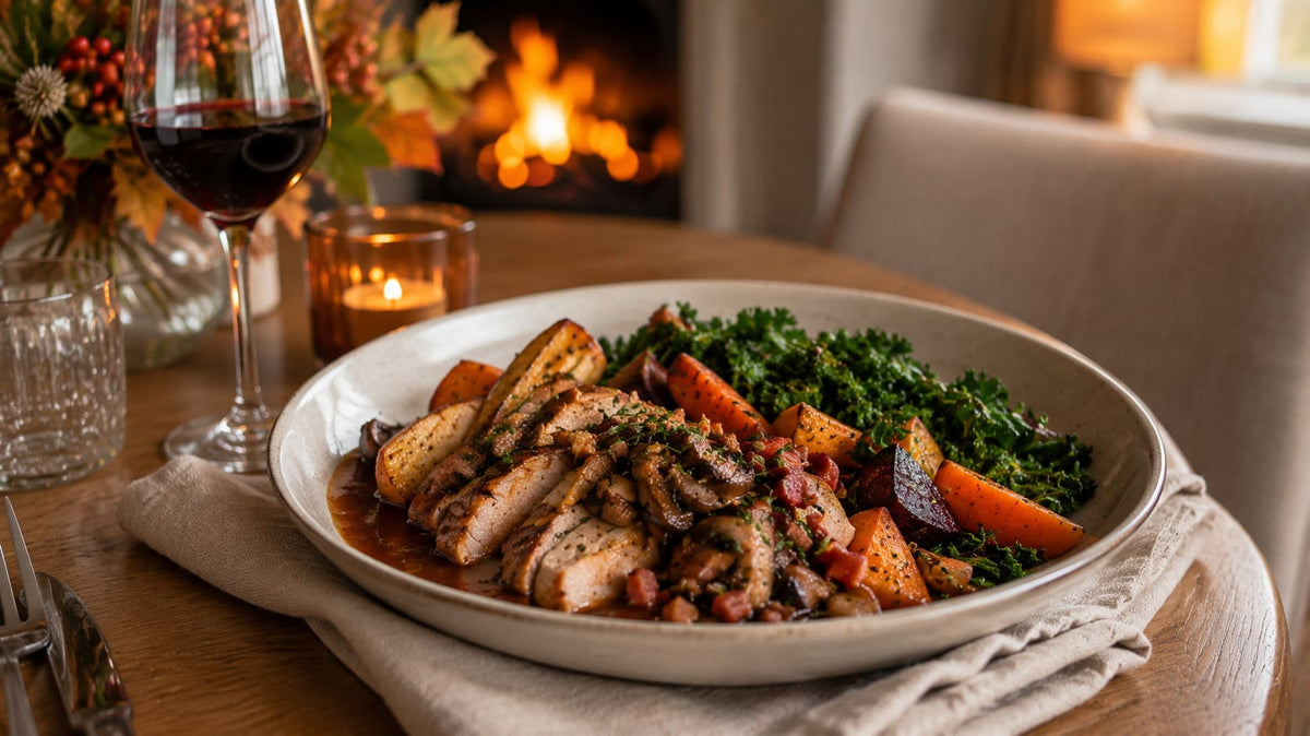 Family Chef Fireside Chicken with mushrooms, bacon, roasted root vegetables and kale.