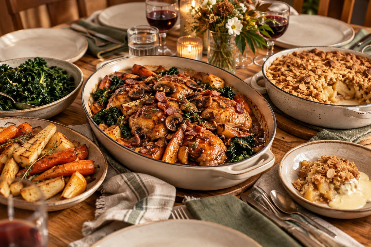 Family Chef Monday dinner with chicken, mushrooms and bacon in red wine jus, roasted root vegetables and kale, with pear and almond crumble and vanilla custard.
