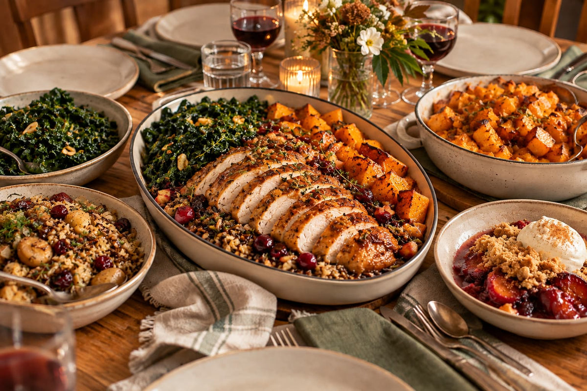 Family Chef Hearthside Turkey Roast with butternut squash, Tuscan kale, chestnut and herb wild rice pilaf, cranberry-apple jus, and Plum Snow with cream.