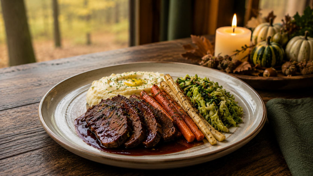 Family Chef Braised Beef with buttery mash, roasted carrots and parsnips, and greens.
