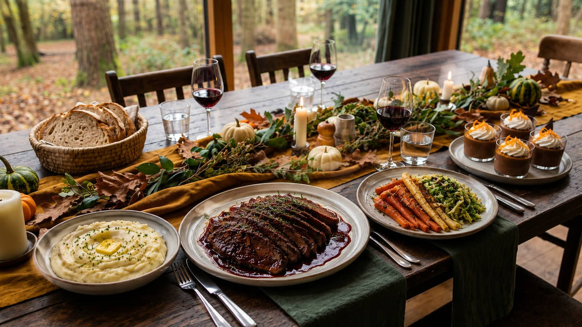 Family Chef Tuesday table with Braised Beef, buttery mash, roasted carrots and parsnips, greens, and Chocolate Orange Pots.