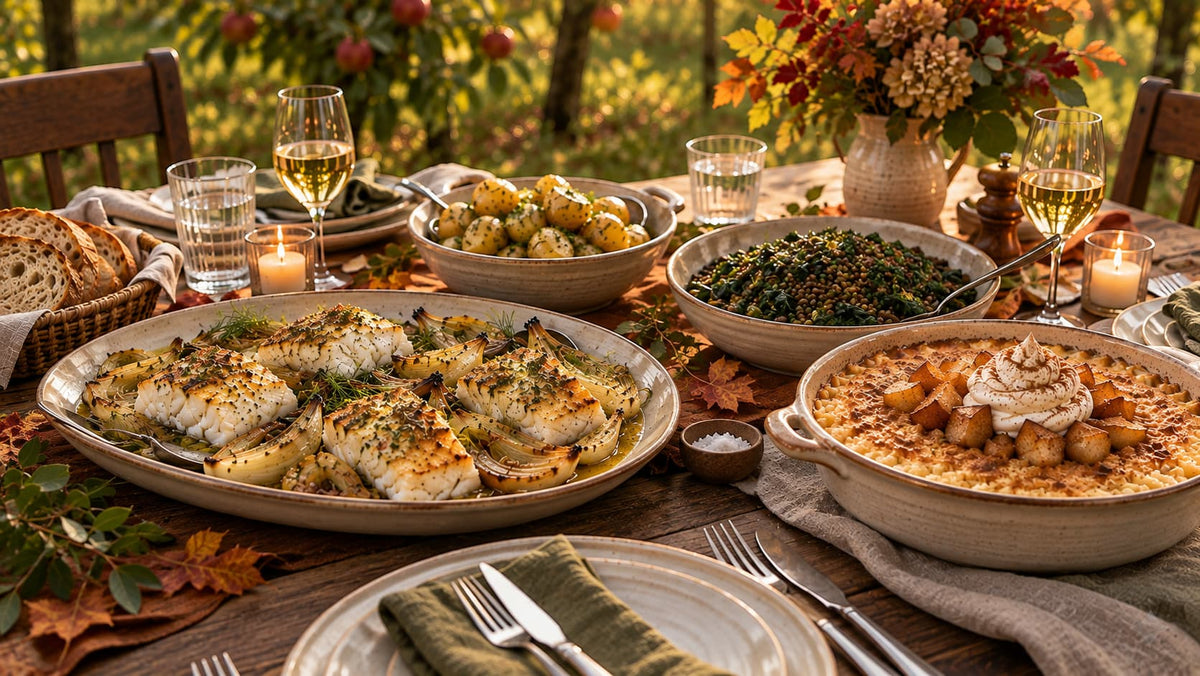 Family Chef Fireside Suppers baked cod with braised fennel, new potatoes, Puy lentils and spinach, with baked rice pudding, roasted apple and cinnamon cream.