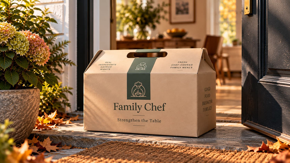 Family Chef Autumn Pilot delivery box at a family home, featuring the Strengthen the Table message.