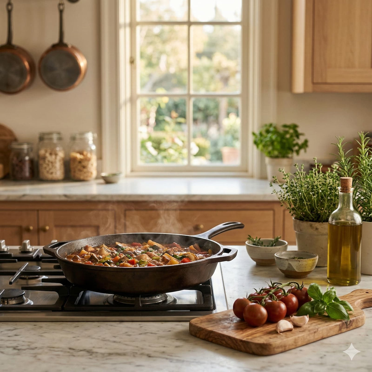 Family dinner simmering in a pan in a warm home kitchen
