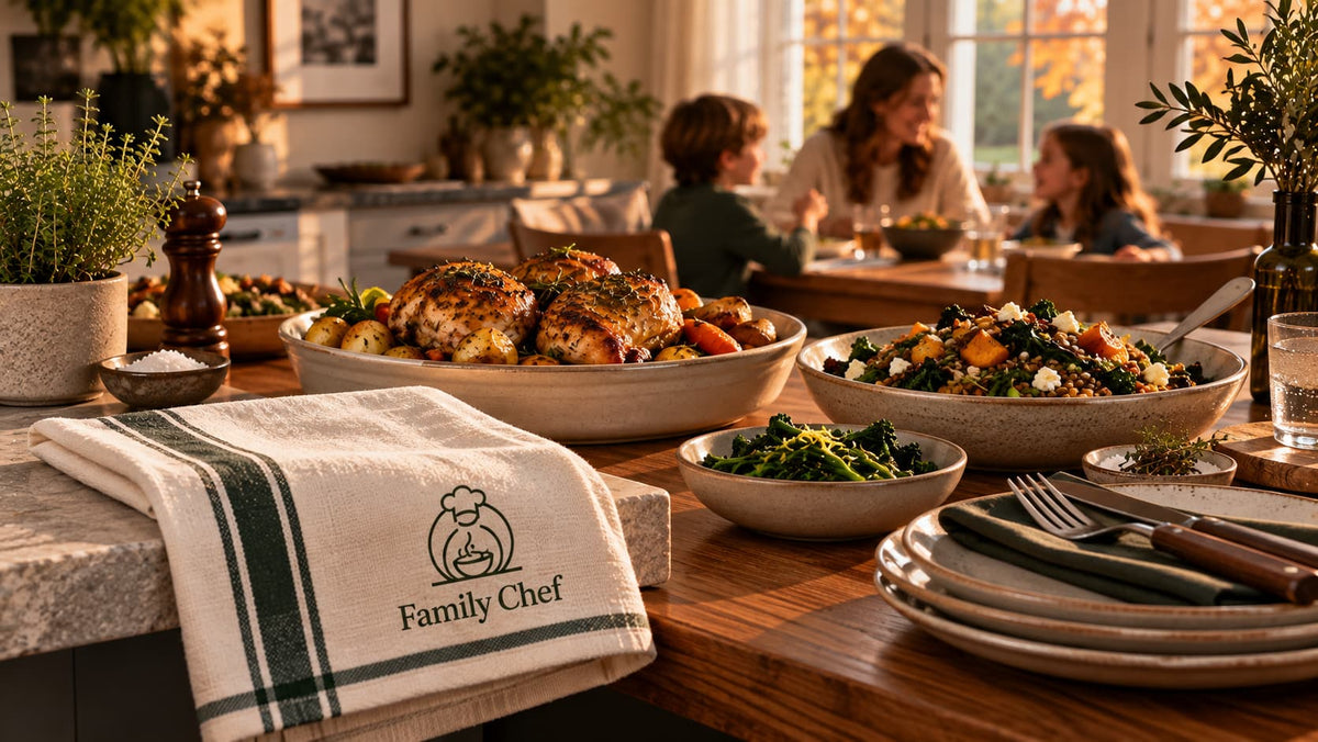 Family Chef dinner with autumn dishes and branded chef towel, ready for a family meal.