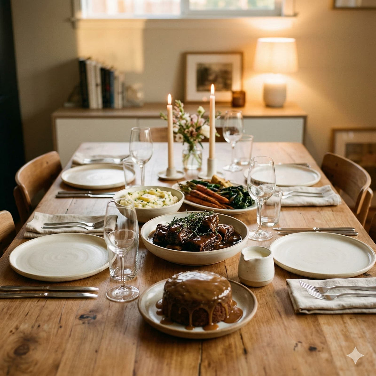 Family Chef family dinner table ready to serve with braised short ribs, mashed potatoes, roasted vegetables and sticky toffee pudding