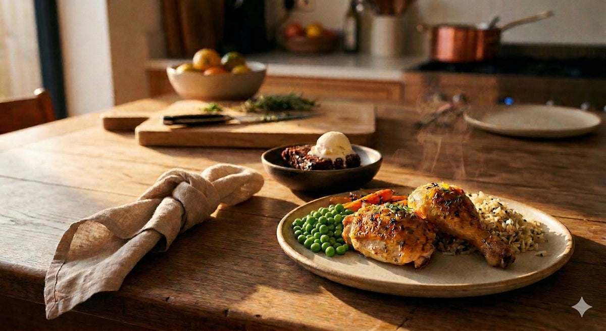Lemon herb roast chicken with rice and vegetables on a family dining table, served with warm chocolate dessert in a modern home kitchen by Family Chef