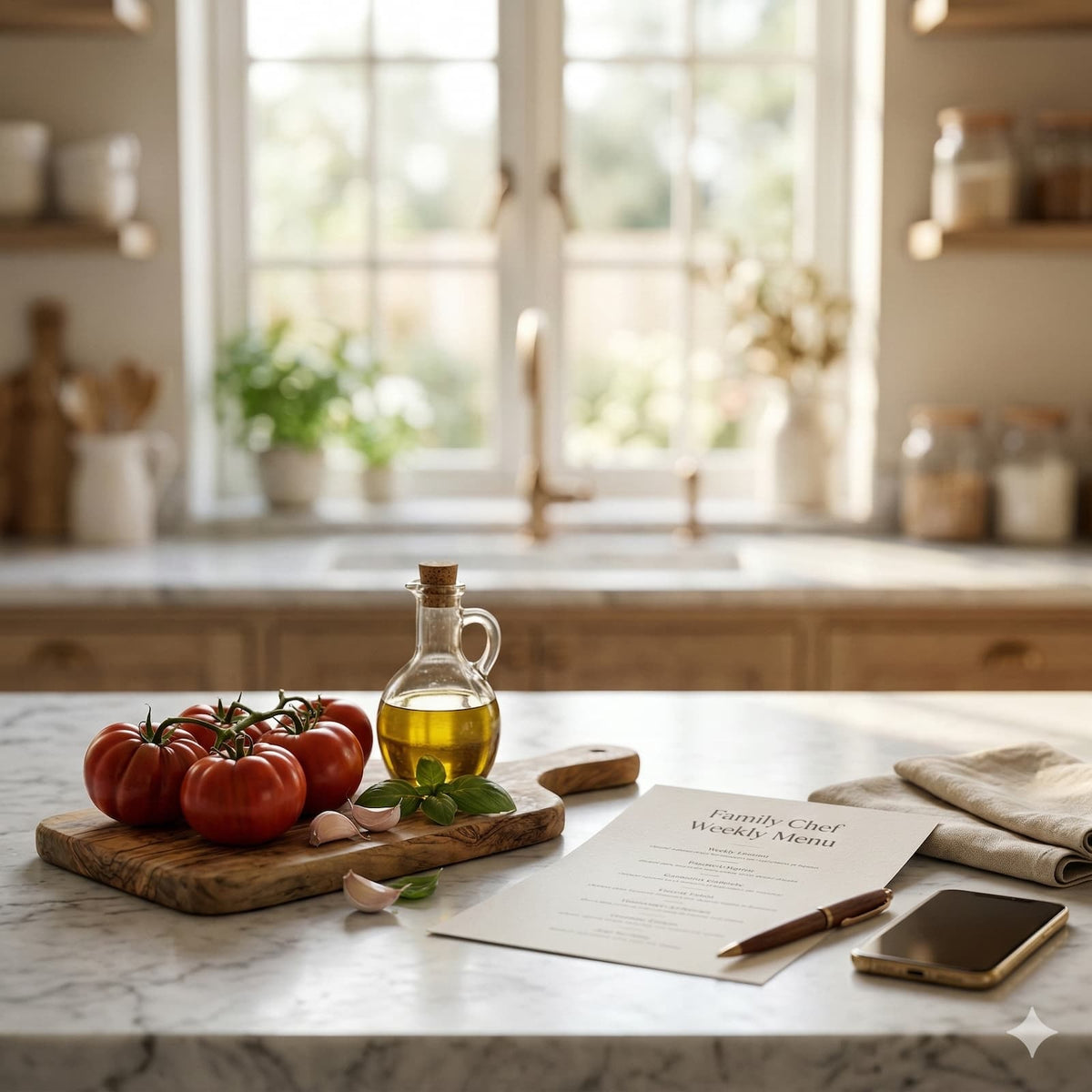Family Chef Planning the weekly family dinner menu in a sunlit kitchen